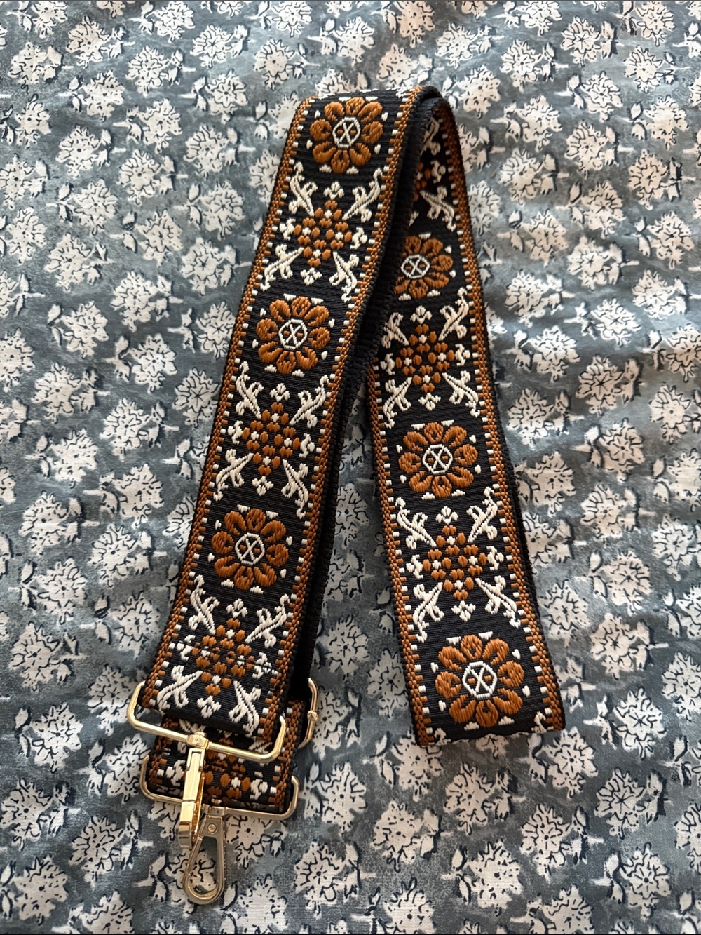 Embroidered Black and Brown Floral Strap with Gold Hardware